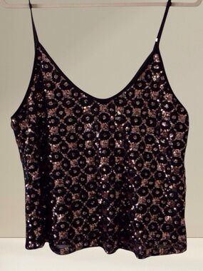 Shyanne Gold Sequin Top Black Tank Adjustable Straps Women's Medium
